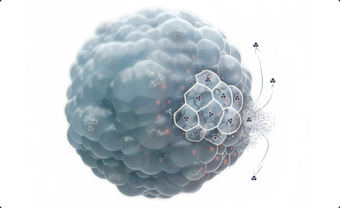 A scientific illustration showing a pMVL particle's honeycomb structure releasing drug molecules.