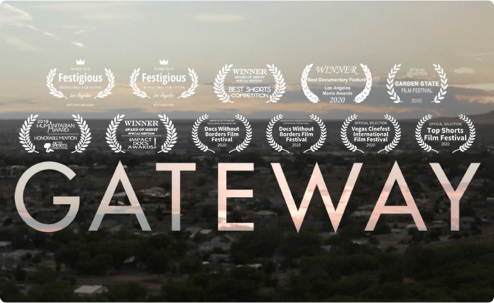 Promotional image for the film Gateway with a cityscape background and festival laurels for awards.
