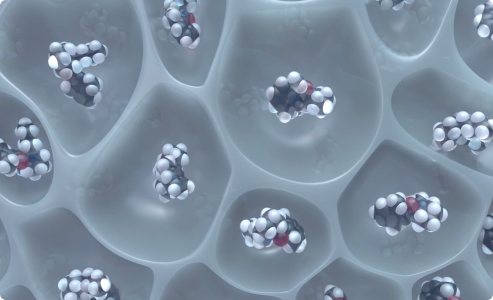 A close-up, 3D illustration of small molecules encapsulated within a matrix.